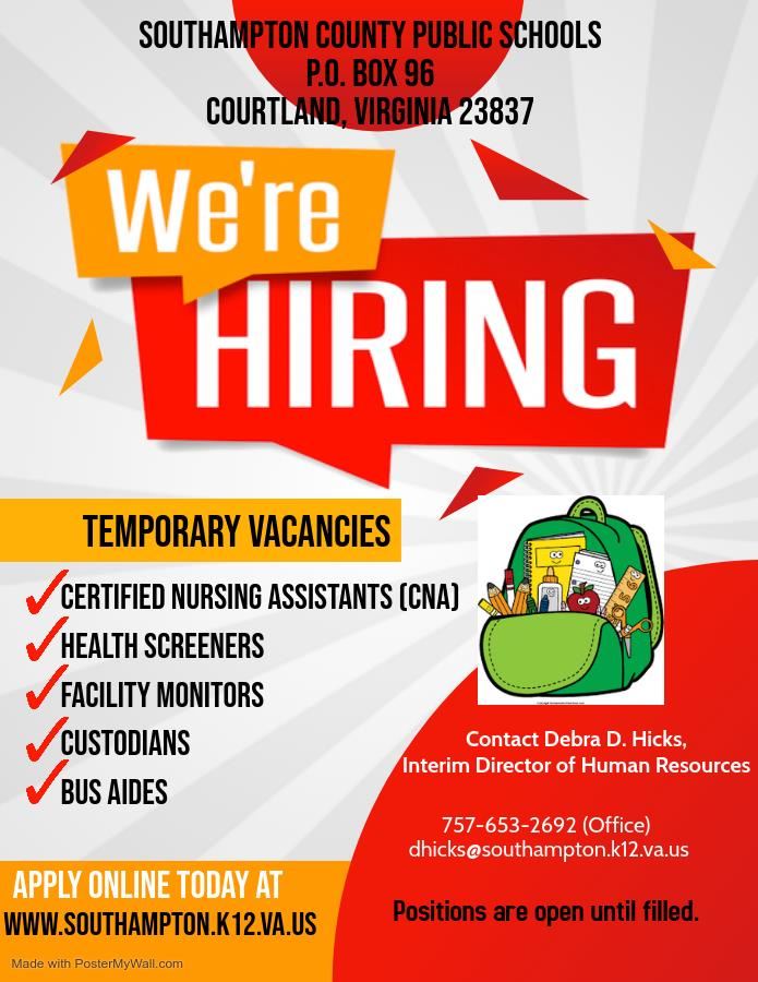 Temporary Vacancies: Nursing Assistants (CNA), Health Screeners, Facility Monitors, Custodians, Bus Aides Temporary Vacancies: Nursing Assistants (CNA), Health Screeners, Facility Monitors, Custodians, Bus Aides