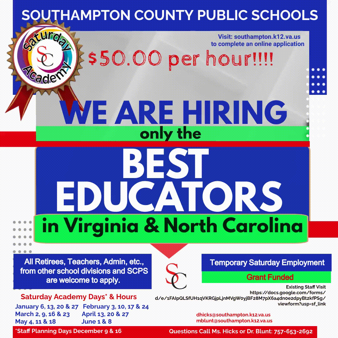 Flyer about hiring for Saturday Academy.  Details in text that follows.